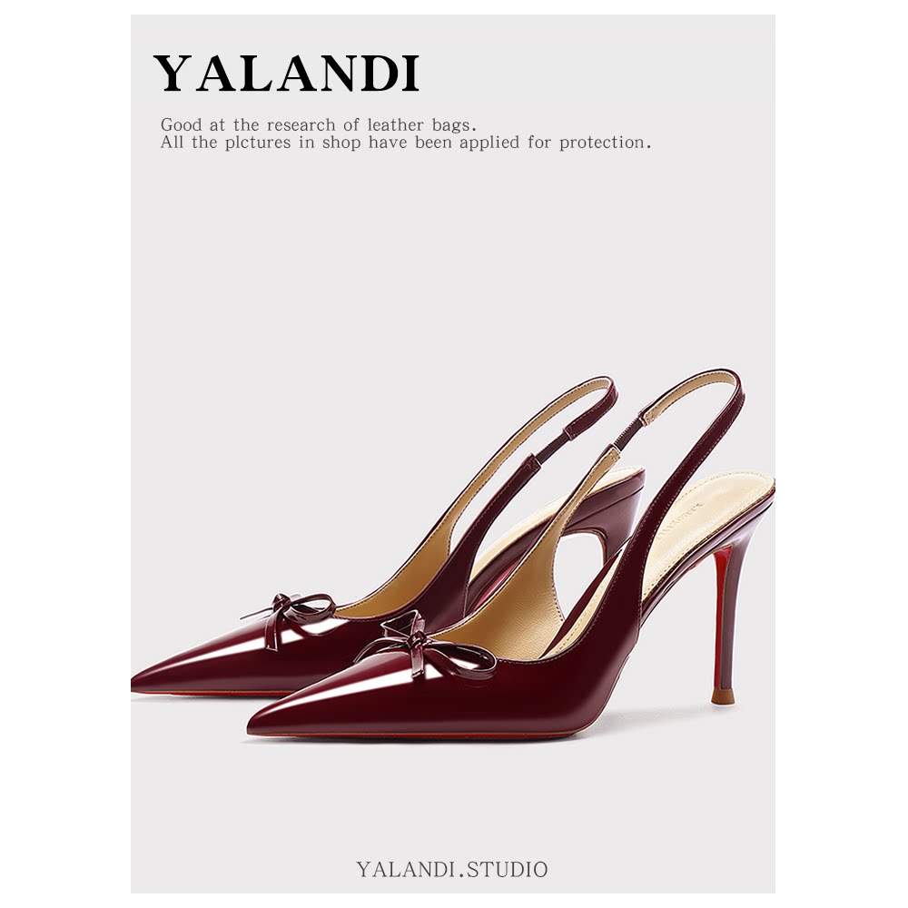 2026新款酒红色细跟尖头法式高跟鞋漆皮蝴蝶结女鞋时尚复古风后空