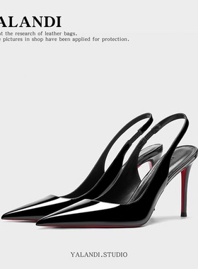 黑色漆皮红底高跟鞋女2026新款尖头细跟后空浅口单鞋通勤日常百搭