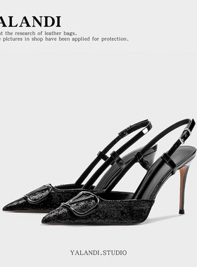 法式不累脚小高跟鞋轻熟风黑色尖头细跟女金属扣御姐气质单鞋凉鞋