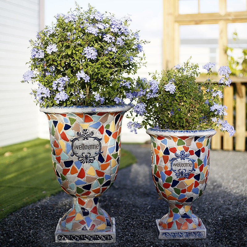 创意欧式大号艺术高脚杯花盆户外仿陶瓷深高盆阳台花园布置摆件