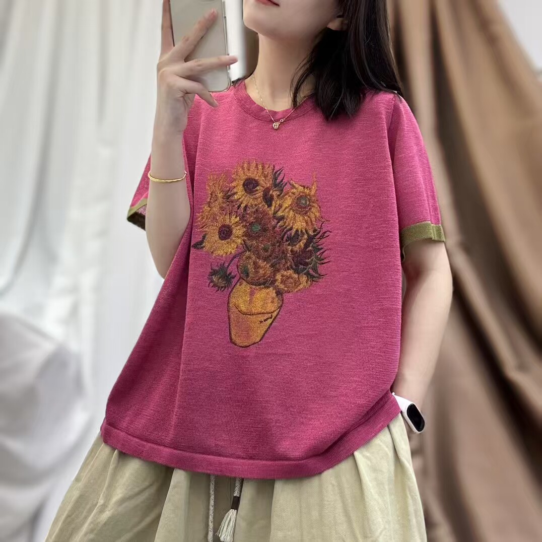2025针织麻料夏季新款休闲条纹短袖T恤女士百搭套头上衣9075