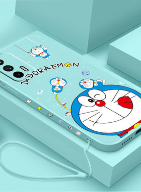 送挂绳oppoa59s手机壳a57多啦a梦realmev15新款Realmev5液态硅胶a39叮当猫全包卡通男女款可爱情侣保护套超薄