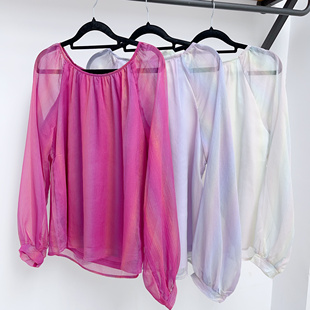 纯元 流光溢彩光泽感仙气长袖圆领彩虹晕染上衣胖mm早秋女士