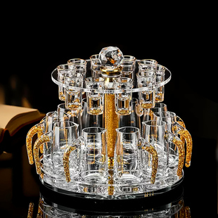 中式水晶玻璃金箔白酒杯一口杯带把分酒器旋转杯架套装