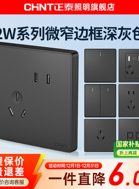 正泰开关插座86型暗装2W深灰色新品五孔二三插家用USB插座面板