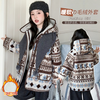 女童费尔岛风连帽花纹毛呢外套