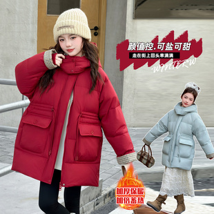 女童冬装红色中长款羽绒棉服外套儿童女孩韩系加厚保暖连帽棉衣潮