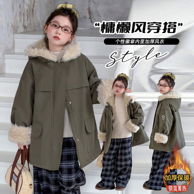 女童加绒加厚派克服加厚连帽外套