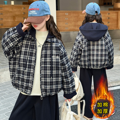 女童秋冬夹棉加厚格子棉衣外套