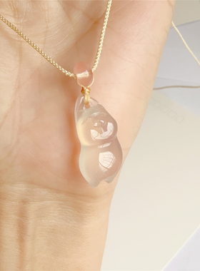 天然正品白玉髓俏皮猫项链吊坠 迷你款可爱猫玉坠