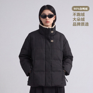 卡帕苏 90%白鸭绒 黑色格子休闲加厚保暖羽绒服外套女冬季中长款