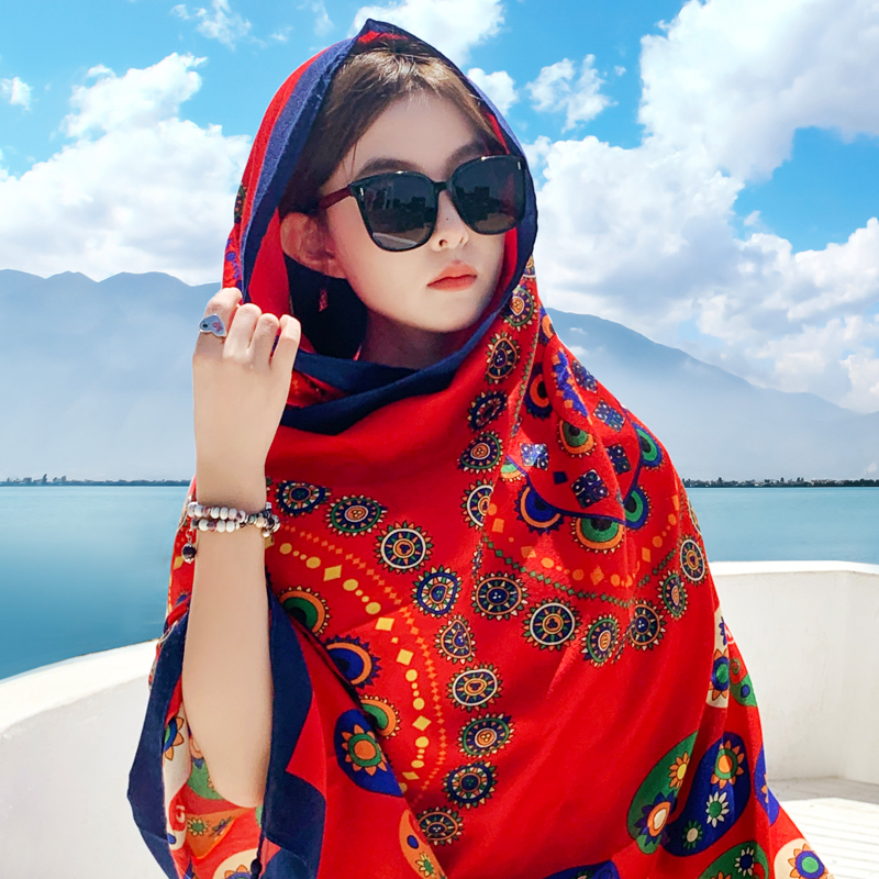 民族风围巾防晒披肩女云南青海草原旅游穿搭丝巾海边沙滩纱巾薄款