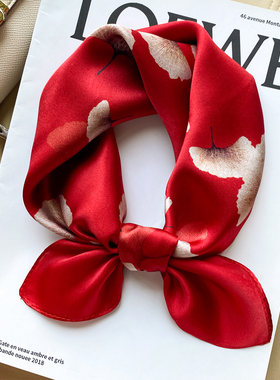 大红色银杏叶真丝小方巾中老年妈妈款秋冬丝巾桑蚕丝女红围巾送礼