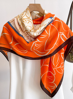 橙色牡丹90大方巾丝巾女搭配衬衫衣百搭系脖夏季薄款妈妈围巾披肩
