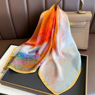 油画黄色白色玫瑰真丝中小方巾100%桑蚕丝丝巾春秋款领巾围巾女款