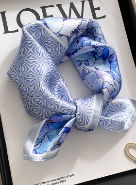 蓝色清新真丝小方巾女春秋季百搭桑蚕丝丝巾空姐领巾薄款妈妈围巾