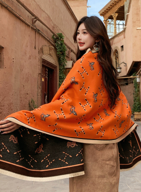 冬季围巾女士加厚保暖英伦风仿羊绒流苏橙色围脖春秋两用披肩外搭