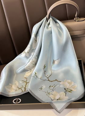 国风玉兰花真丝桑蚕丝蓝色小丝巾方巾女春秋护颈围脖薄围巾70领巾