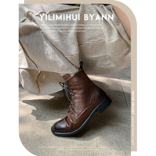 一力米灰 真皮复古牛仔系带机车马丁靴低跟英伦短靴女 炸街girl