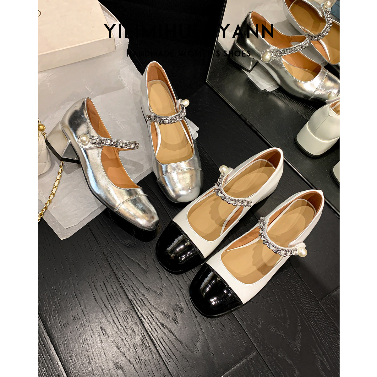 一力米灰玛丽珍鞋甜美链条珍珠