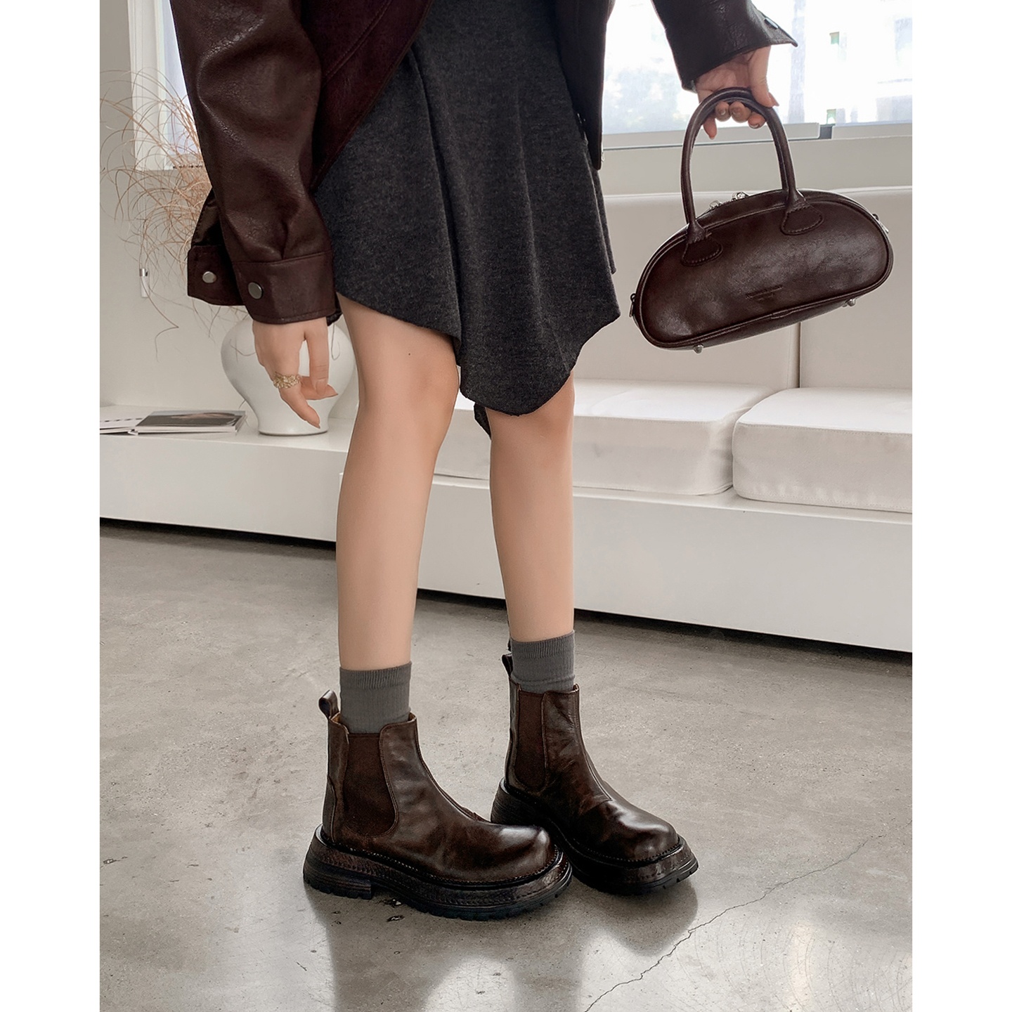 一力米灰2025年新款套筒女靴子时装靴短靴女靴马丁靴女靴骑士靴子