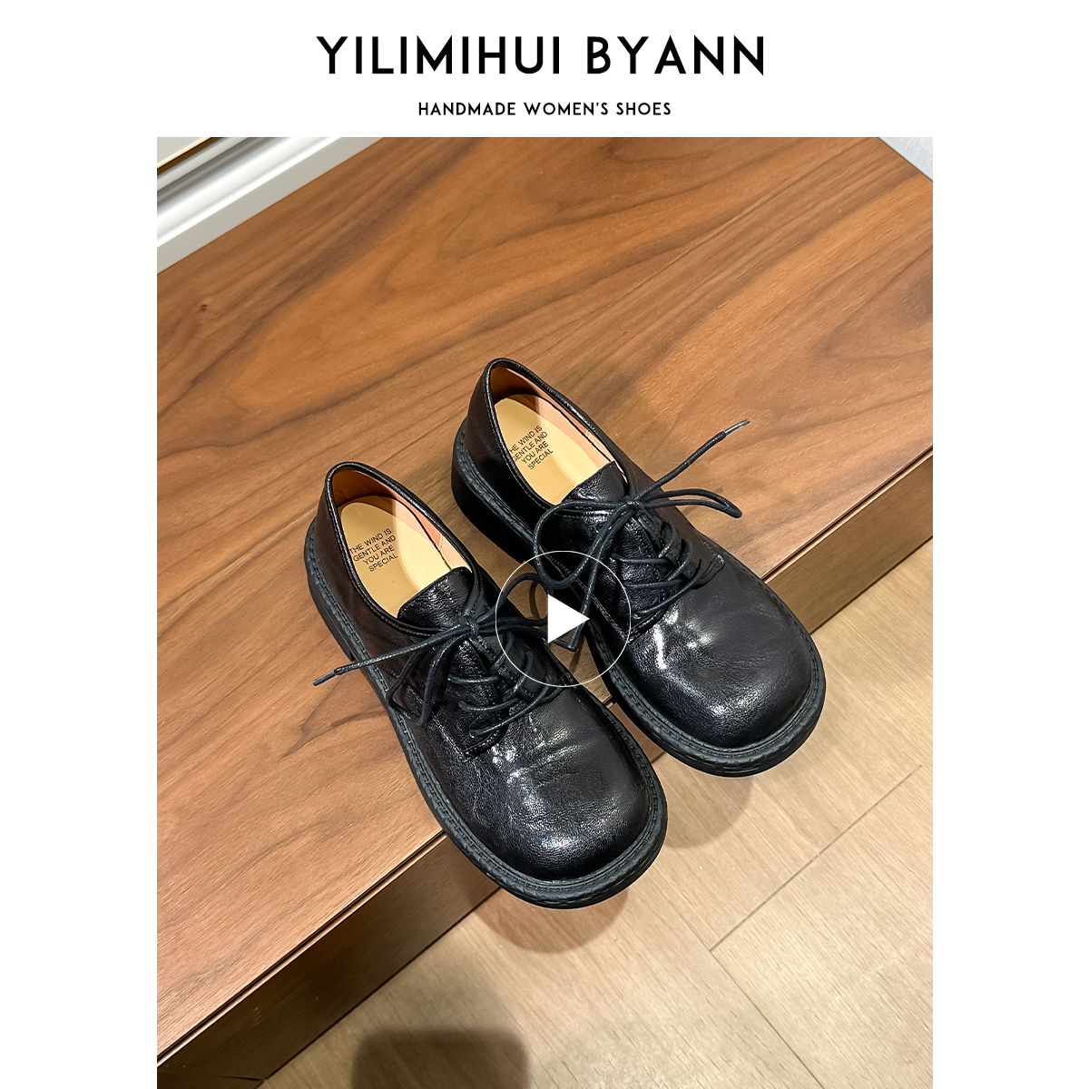 一力米灰粗跟小皮鞋英伦风