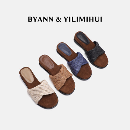 『高定拉菲草』BYANN&YILIMIHUI 简约风一字拖编织休闲风