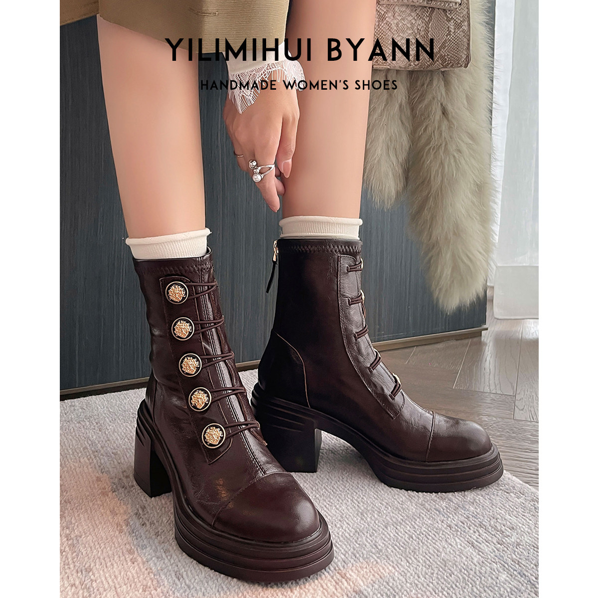 一力米灰英伦风弹力靴粗跟