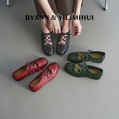 『高定头层水洗马皮』一力米灰水洗马皮镂空绑带玛丽珍鞋女交叉