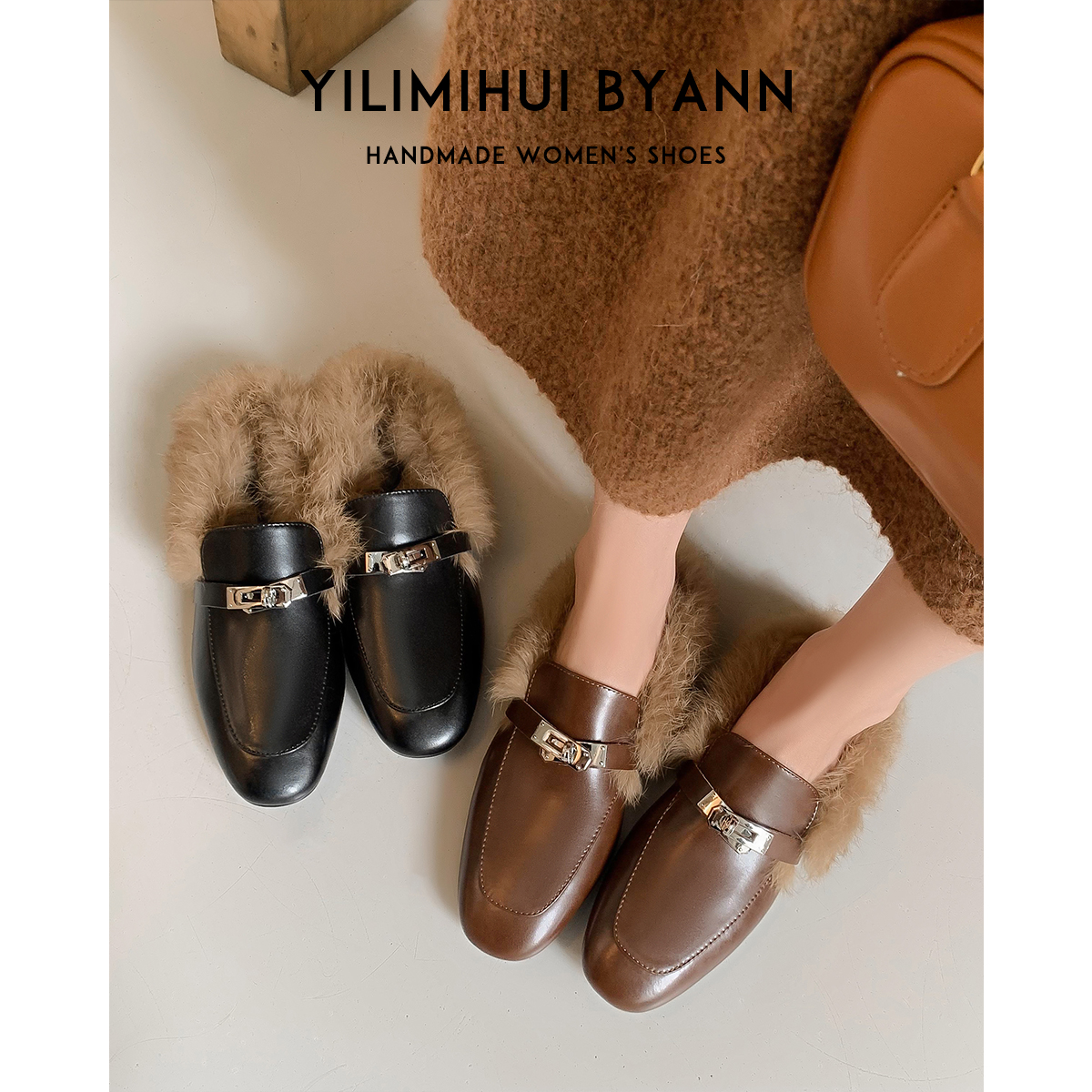 一力米灰毛毛鞋锁扣粗跟