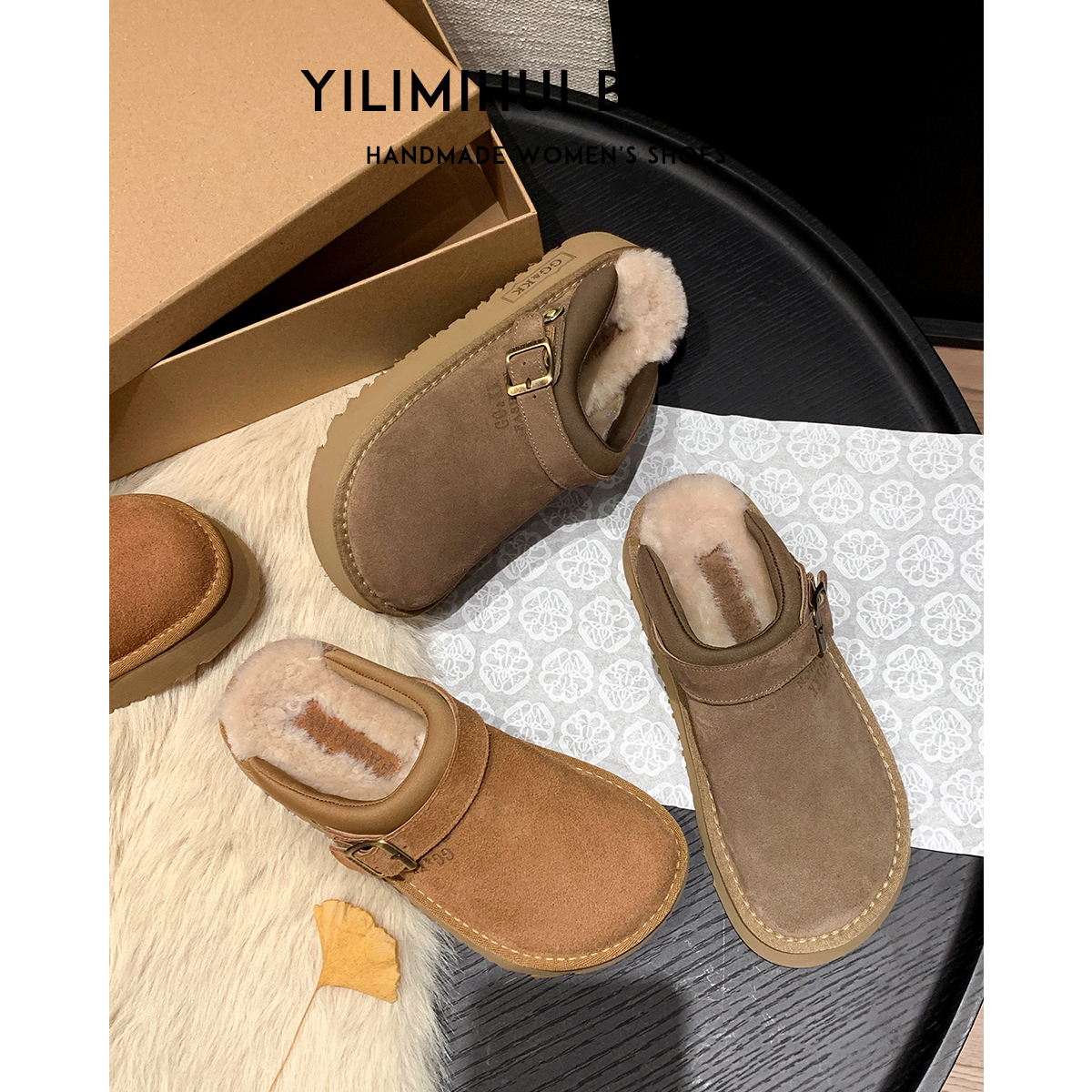 一力米灰包头拖鞋厚底皮带扣