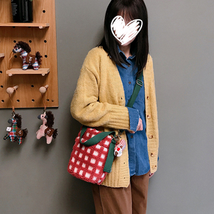 三色补丁方糖奶酪包女格子时尚小包包百搭小众抽绳毛绒手机斜挎包
