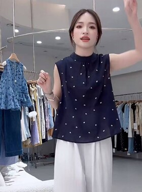 爱心印花提花背后蝴蝶结绑带天丝麻背心2025夏无袖宽松上衣小衫