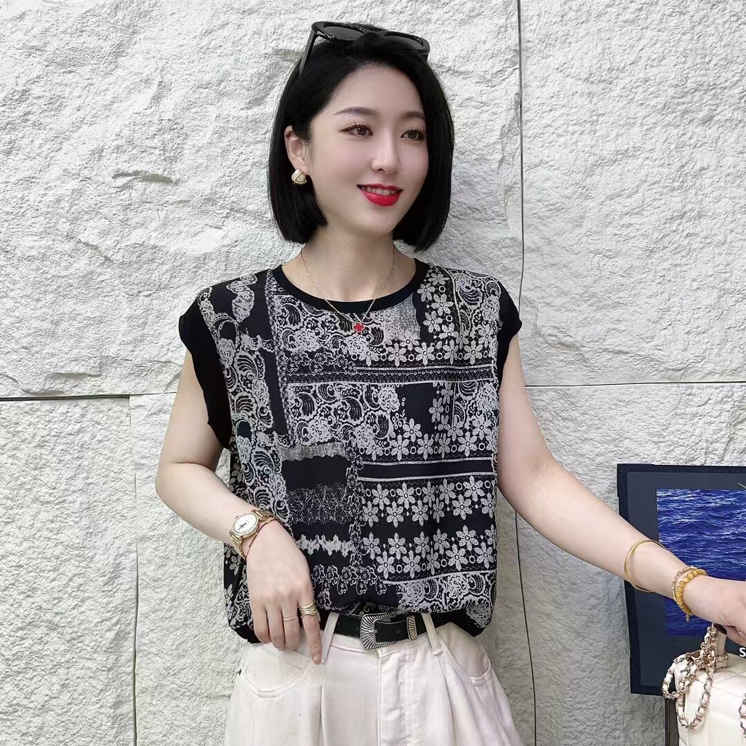 圆领雪纺印花设计感无袖小衫2025时尚女夏洋气T恤百搭背心上衣