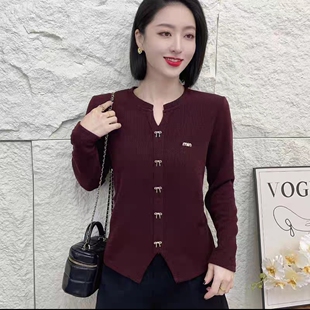 螺纹安哥拉红蝴蝶结下摆开叉T恤2026春圆领纯色上衣针织打底小衫