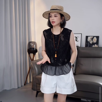 提花下摆荷叶边欧根纱蕾丝背心2025夏无袖单排扣坎肩宽松圆领衬衫