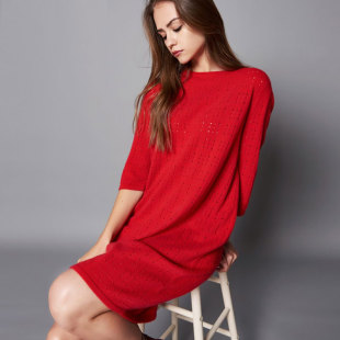 针织衫 羊绒毛衣裙镂空中袖 羊绒衫 大码 打底羊绒连衣裙纯色中长款