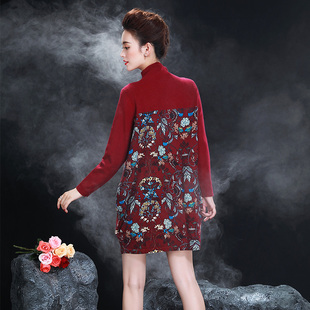 山羊绒毛衣裙暖 印花连衣裙半高领宽松针织毛衫 100羊绒衫 女中长款