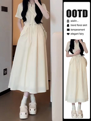 法式气质高级感polo领工装连衣裙子女装夏季2024新款收腰抽绳长裙