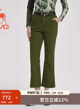 svg高尔夫秋季新款女装橄榄绿色弹力微喇九分裤脚口开叉长裤女