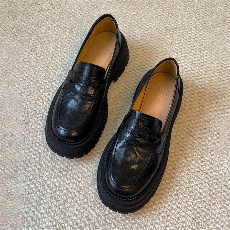香港真皮厚底乐福鞋女2025春秋新款复古单鞋一脚蹬英伦风小皮鞋子