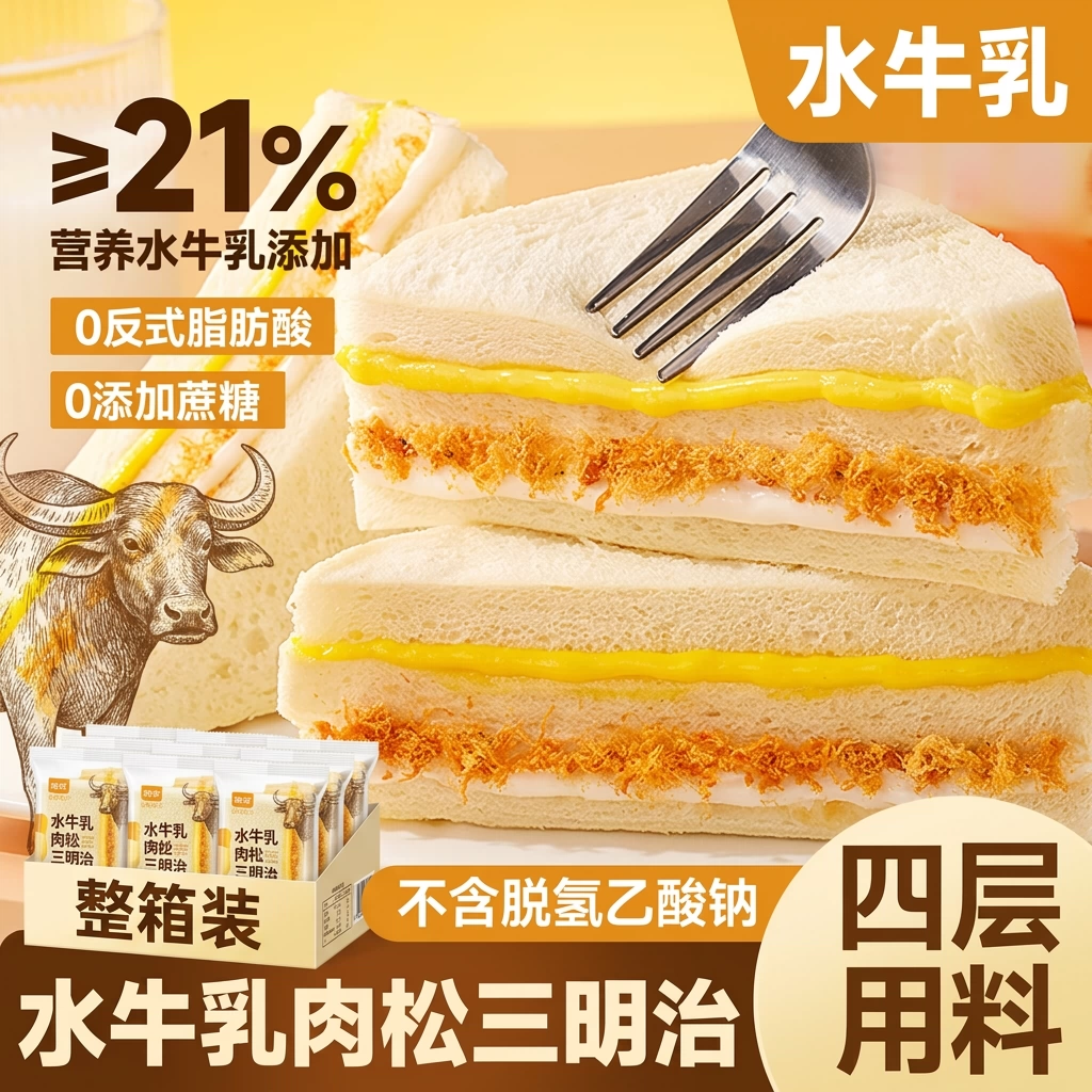 比比赞水牛乳肉松三明治面包整箱早餐零食健康充饥休闲食品小吃