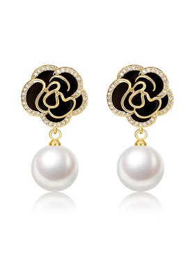 法式山茶花珍珠耳环2025新款小众轻奢高级感小香风耳钉花朵耳饰女