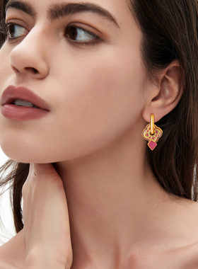 新中式国风菱形耳环女珐琅彩耳坠紫色花朵高级感耳扣玄学旺财耳饰