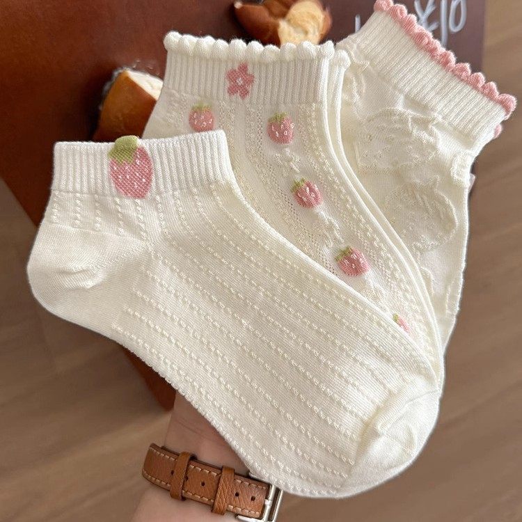 粉色草莓袜子女夏季薄款短袜白色低帮透气花边日系ins凸凸设计感,女士内衣/男士内衣/家居服,长筒袜,淘宝优惠券,粉丝福利购,淘宝优惠卷
