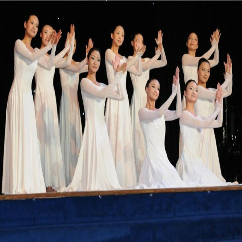 新款白色现代舞连衣裙生命的密码舞蹈演出服装女长袖长裙秋冬款