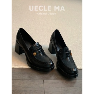 一脚蹬小皮鞋 牛皮版 粗跟通勤单鞋 女高跟鞋 小个子增高厚底乐福鞋