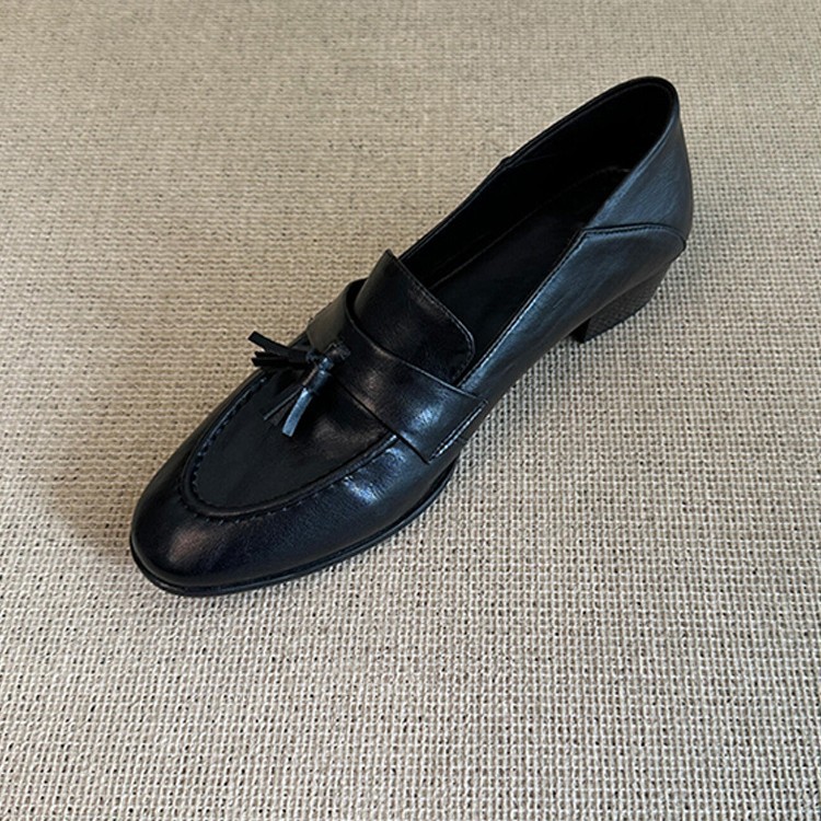 羊皮版~法式复古圆头流苏粗跟小皮鞋通勤黑色一脚蹬乐福鞋女单鞋
