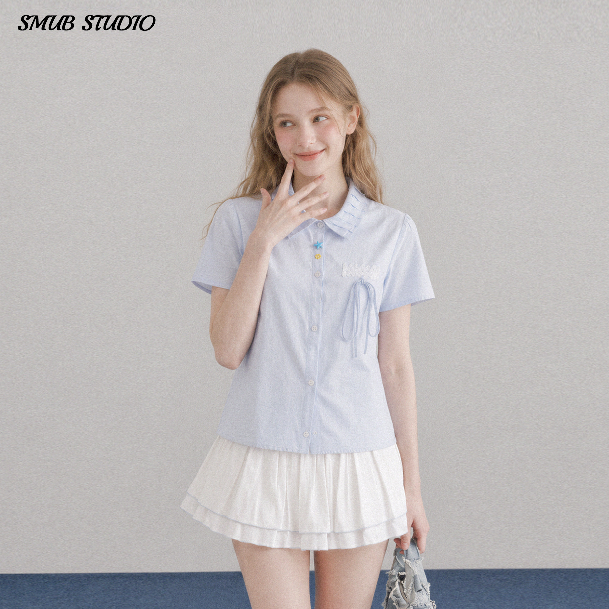 新款韩系花边翻领正肩短袖衬衫女