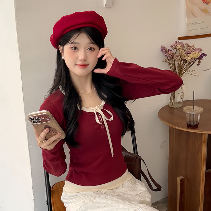 蝴蝶结系带假两件长袖上衣女秋冬韩系穿搭甜妹短款打底针织衫新款